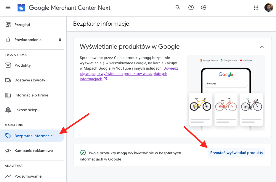 Bezpłatne informacje - włączenie i wyłączenie programu Google Merchant Center