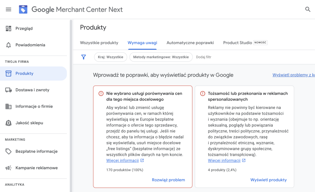 Nie wybrano usługi porównywania cen dla tego miejsca docelowego