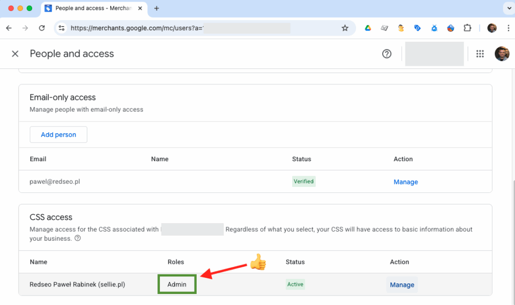 Google Merchant Center - CSS admin access granted