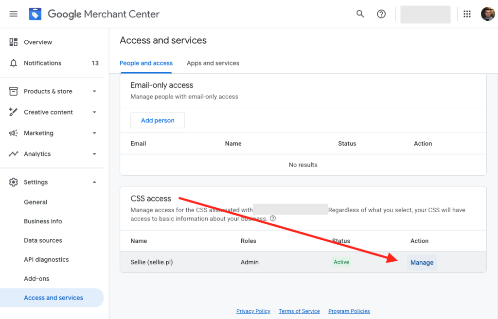 Google Merchant Center - CSS access