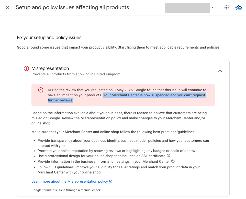 Google Merchant Center Misrepresentation - account permanently suspended  